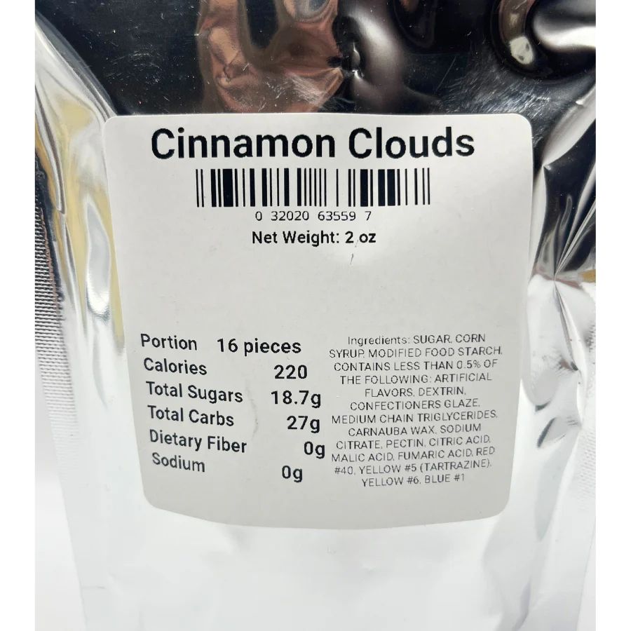 The ingredient/nutrition fact list for Cinnamon Candy: Portion 16 pieces, Calories 220, Total Sugars 18.7g, Total Carbs 27g, Dietary Fiber 0g, Sodium 0g