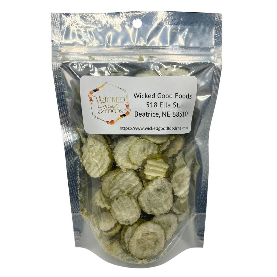 A bag of freeze dried pickles on a white background