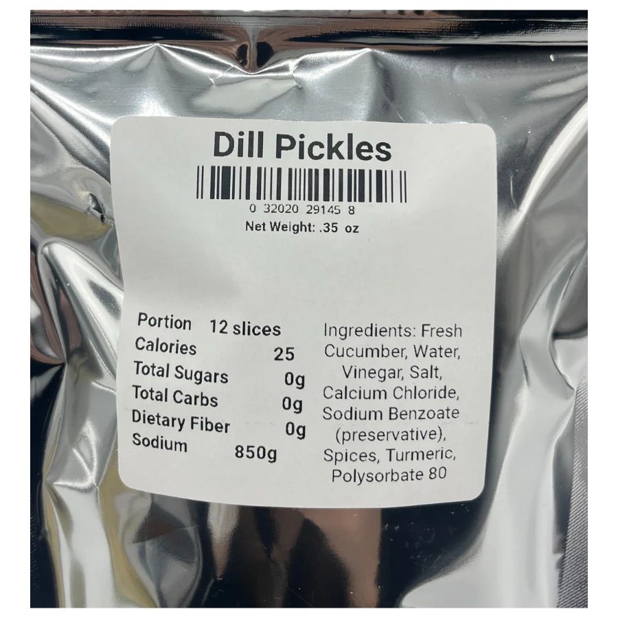 The ingredients/nutrition facts list for freeze dried pickles: Portion 12 slices, Calories 25, Total Sugars 0g, Total Carbs 0g, Dietary Fiber 0g, Sodium 850g