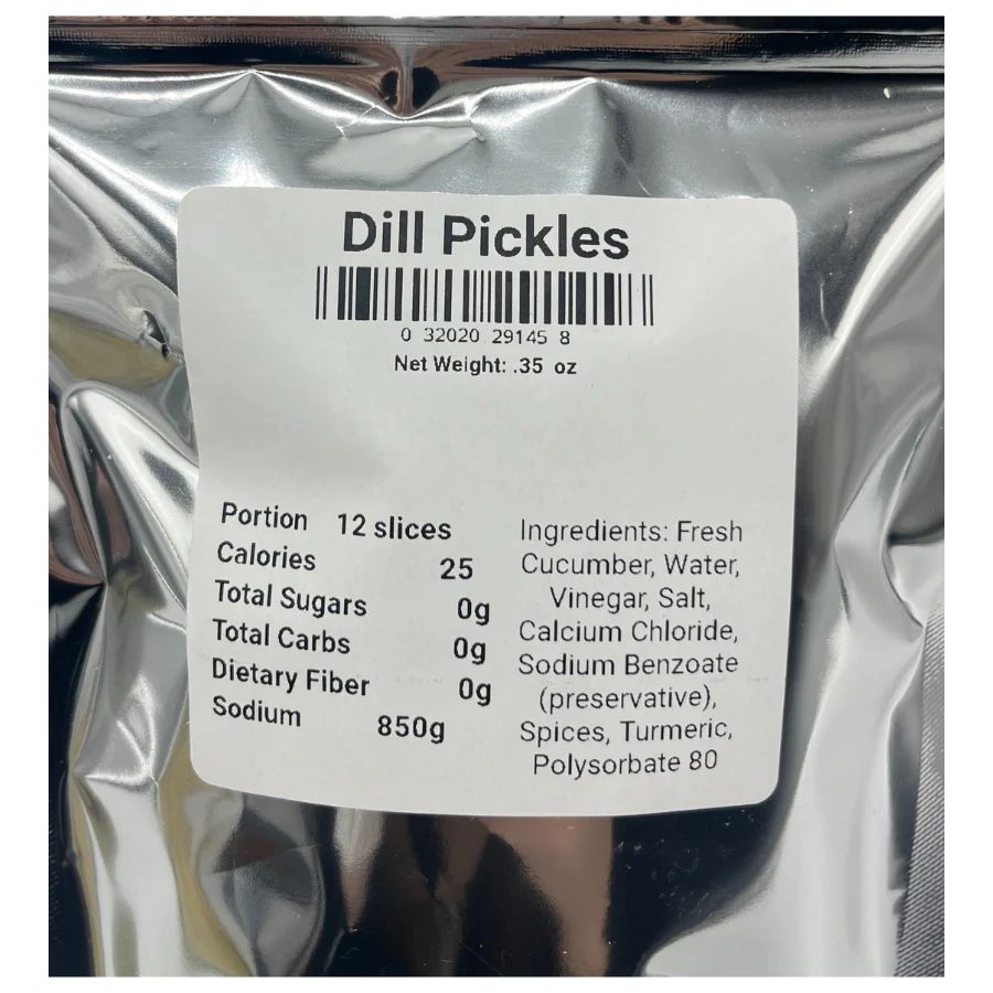 The ingredient/nutrition facts list for freeze dried pickles: Portion 12 slices, Calories 25, Total Sugars 0g, Total Carbs 0g, Dietary Fiber 0g, Sodium 850g