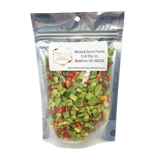 A bag of freeze dried veggies on a white background