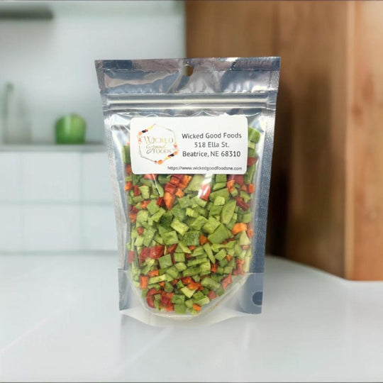 A bag of freeze dried veggies on a white countertop