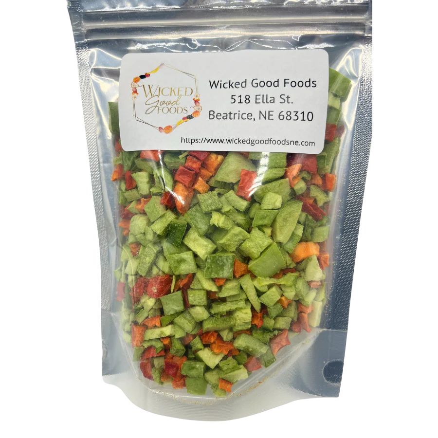 A close up of the freeze dried veggies on a white background