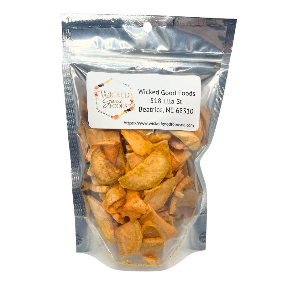 A bag of freeze dried Sweet Potato Chips on a white background