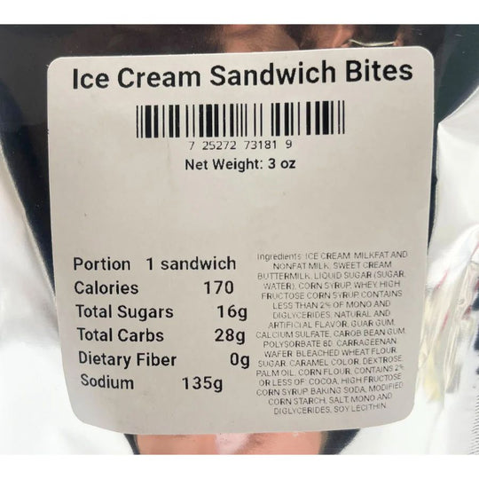 Nutrition facts on the back of a freeze dried ice cream bite bag. Portion 1 sandwich, Calories 170, Total Sugars 16g, Total Carbs 28g, Dietary Fiber 0g, and Sodium 135g