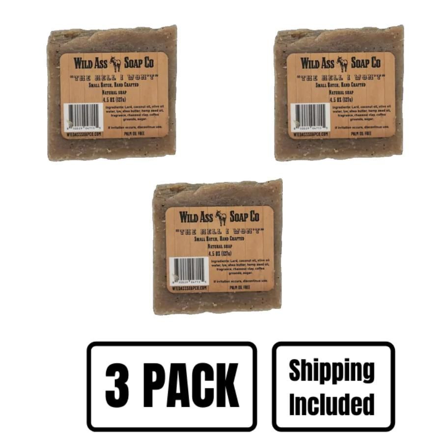 A three pack of Wild Ass Soap Co: The Hell I Won't Soap on a white background