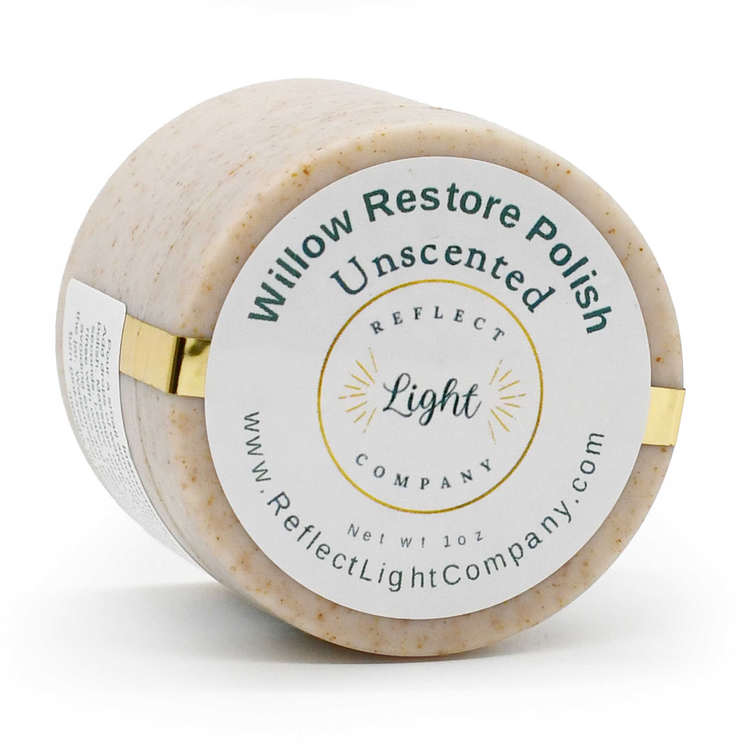 A 1 oz round plastic jar of Reflect Light Company Willow Restore Polish Unscented, showing the textured beige polish inside and a white label with gold and green text, on a white background.