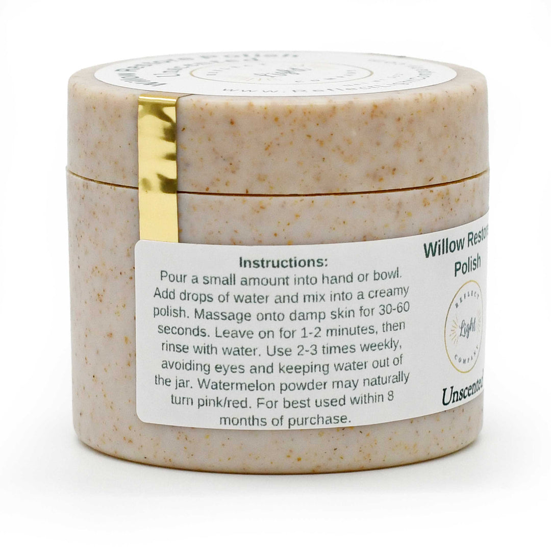 A round beige cosmetic jar with a white label and a gold accent band, photographed on a clean white background. The label reads Willow Rose Handmade Polish and includes usage instructions.