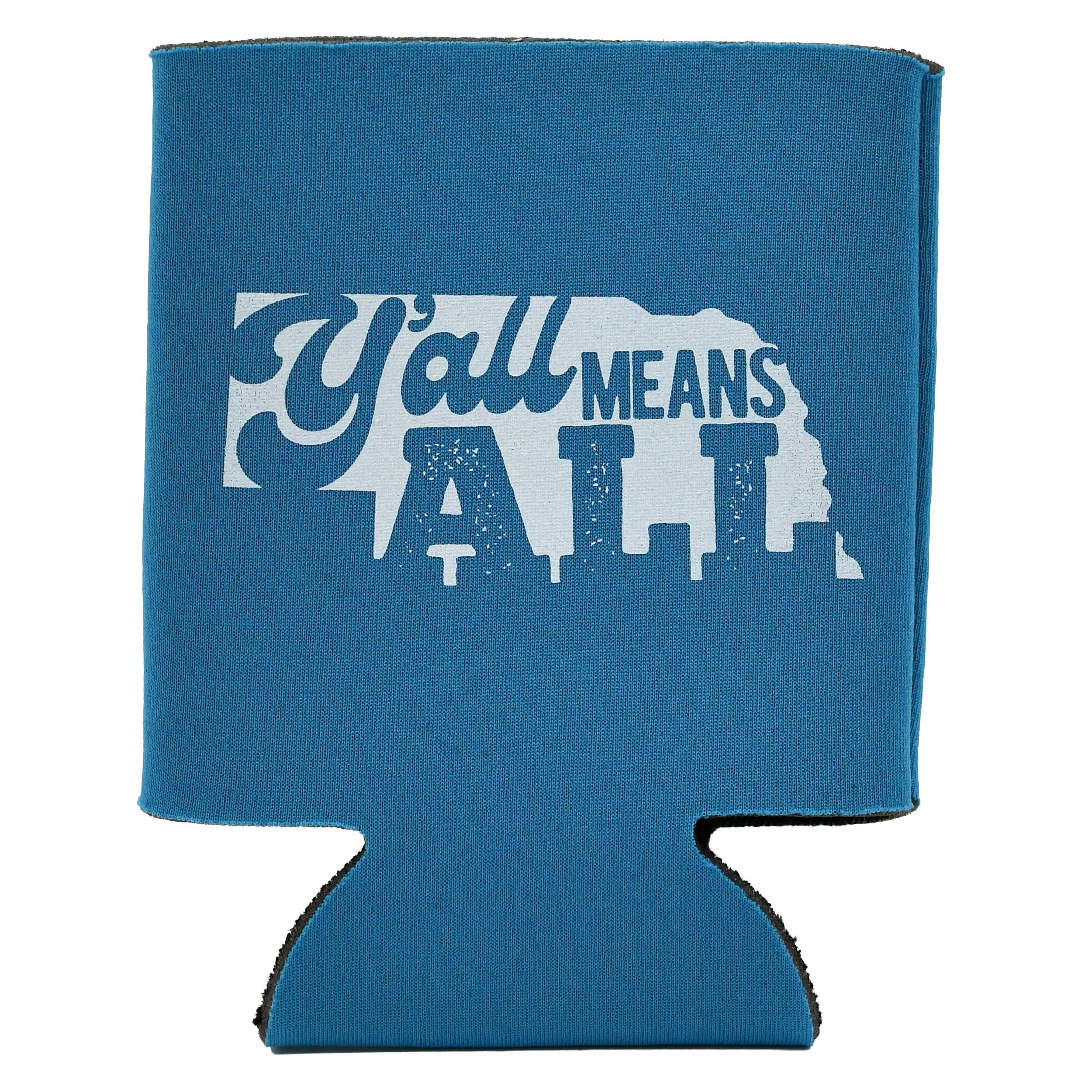 Blue can cooler with white text on a white background