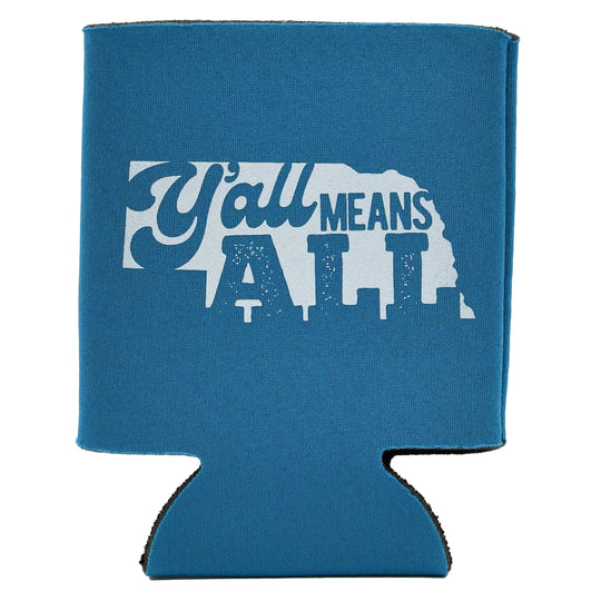 Blue can cooler with white text on a white background