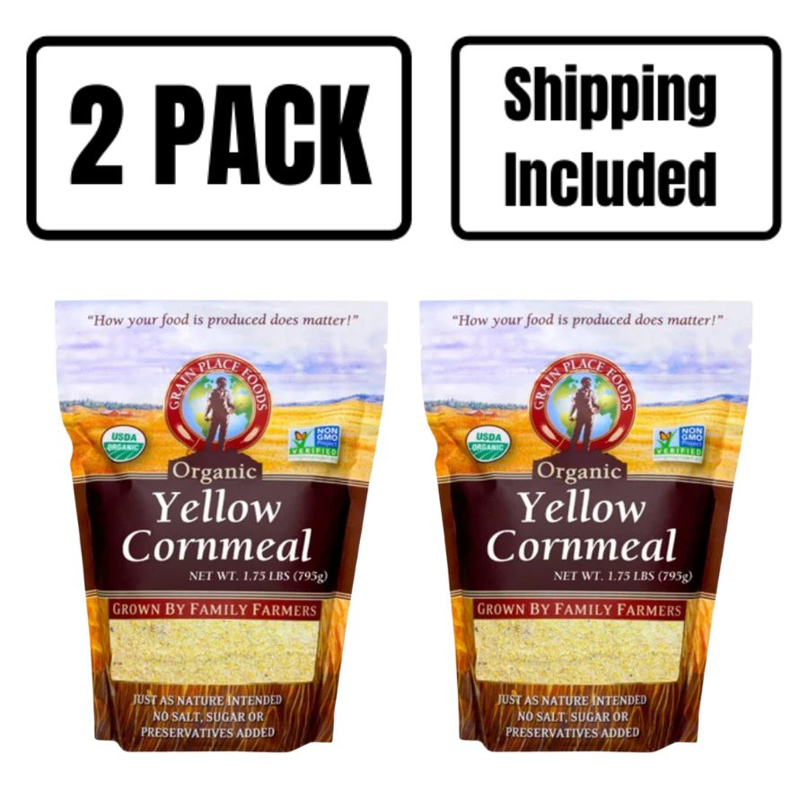 Two 1.75 Pound Bags Of Organic Yellow Cornmeal On A White Background