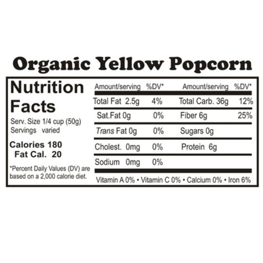 Nutrition Label For Organic Yellow Popcorn