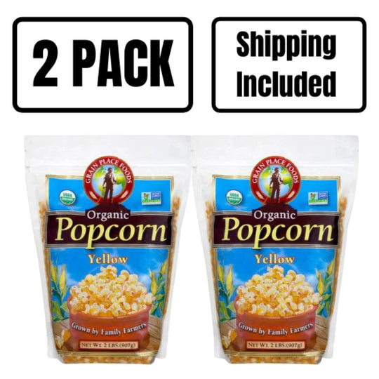 Two 5 Pound Bags Of Organic Yellow Popcorn Kernels On A White Background