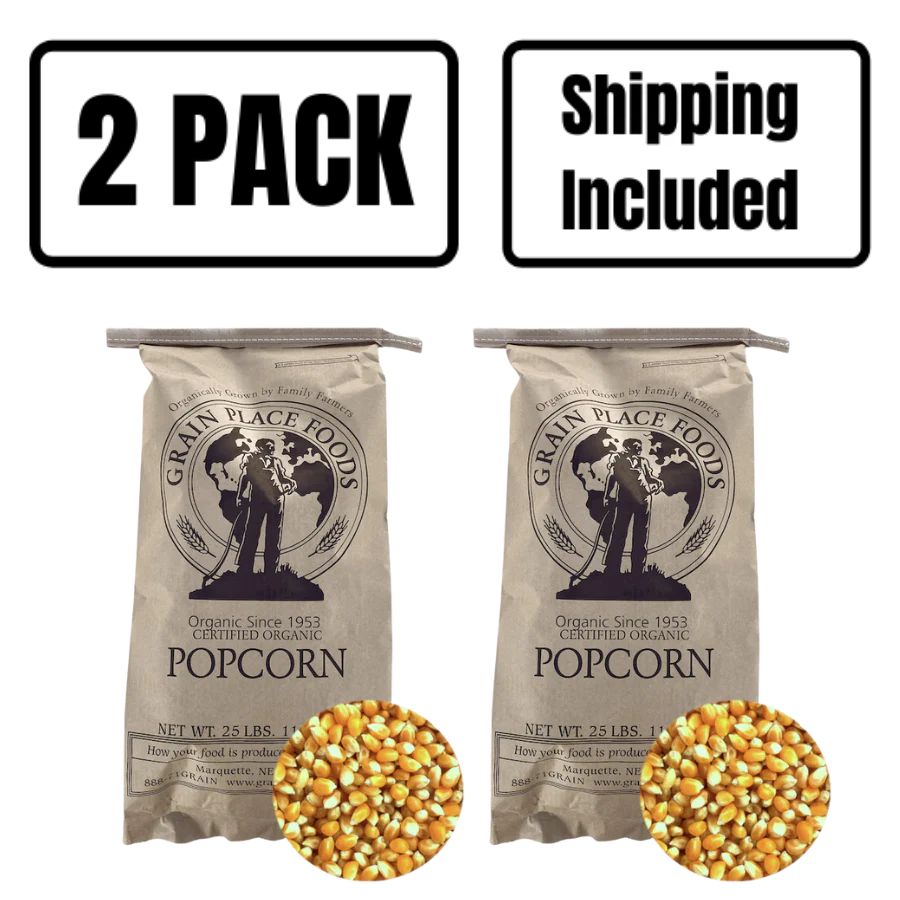 Two 25 Pound Bags Of Organic Yellow Popcorn Kernels On A White Background
