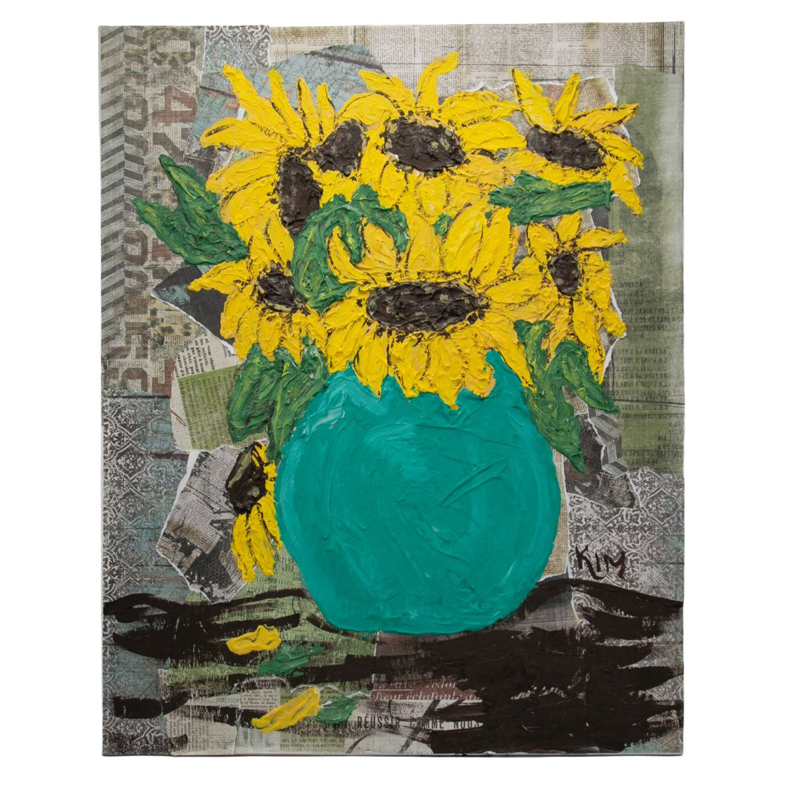 Artistic depiction of sunflowers in a teal vase on a textured background