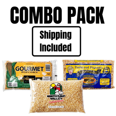 Three - Two Pound bags of Un-Popped Popcorn With A Shipping Included Banner