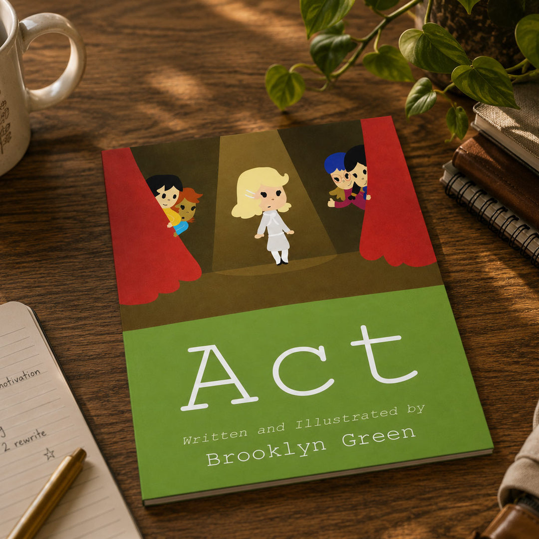 A children's book titled "Act" by Brooklyn Green lies on a wooden desk surrounded by a mug, notebook, plant leaves, and stacked books. The cover shows a green lower section with large white title text and an illustrated scene above with red curtains and a blonde character under a spotlight.