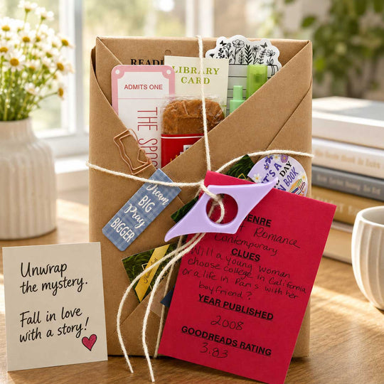A brown kraft paper gift envelope tied with twine sits on a wooden table, filled with reading-themed surprises including cards, bookmarks, and a red Goodreads rating card. A small note card beside it reads, 'Unwrap the mystery.