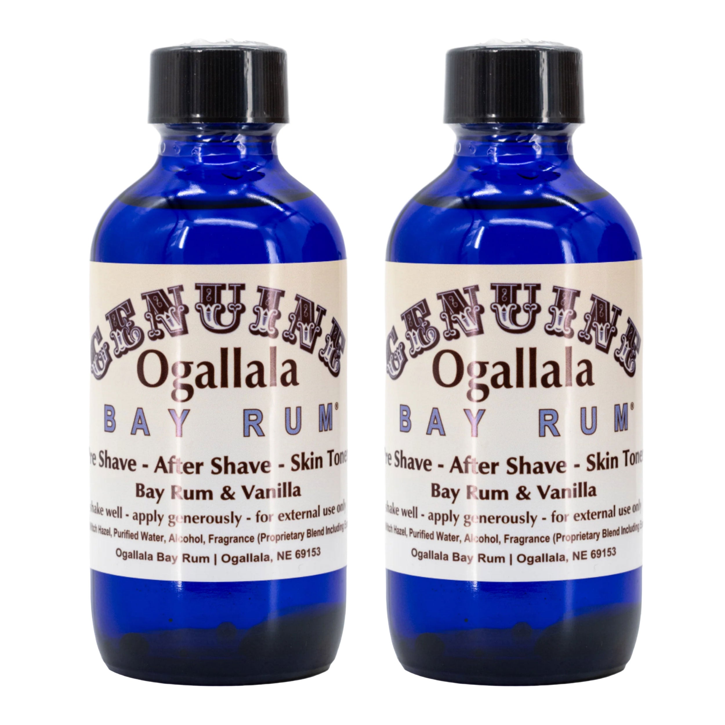 Two bottles of Genuine Ogallala Bay Rum on a white background
