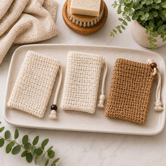 Three woven cotton soap bags in cream, off-white, and tan are arranged on a rectangular ceramic tray. The scene is styled with a folded beige towel, a wooden soap brush, a bar of soap, and green foliage on a light marble surface.