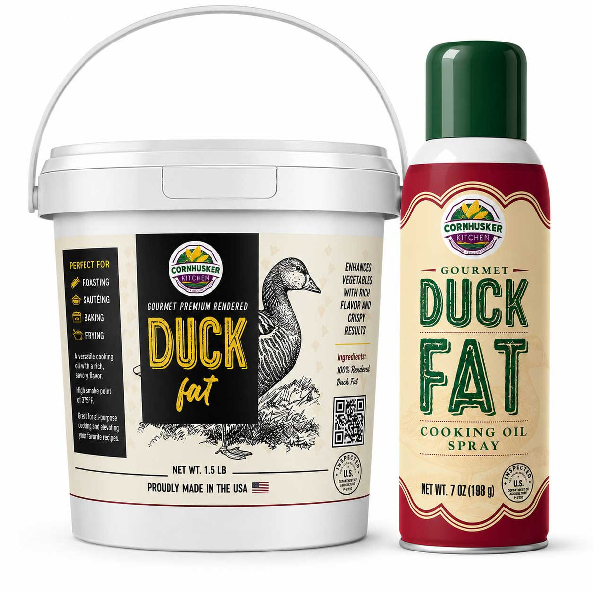 A white plastic bucket of Commisaires Gourmet Duck Fat alongside a matching red and green aerosol can of Duck Fat Cooking Oil Spray on a white background.