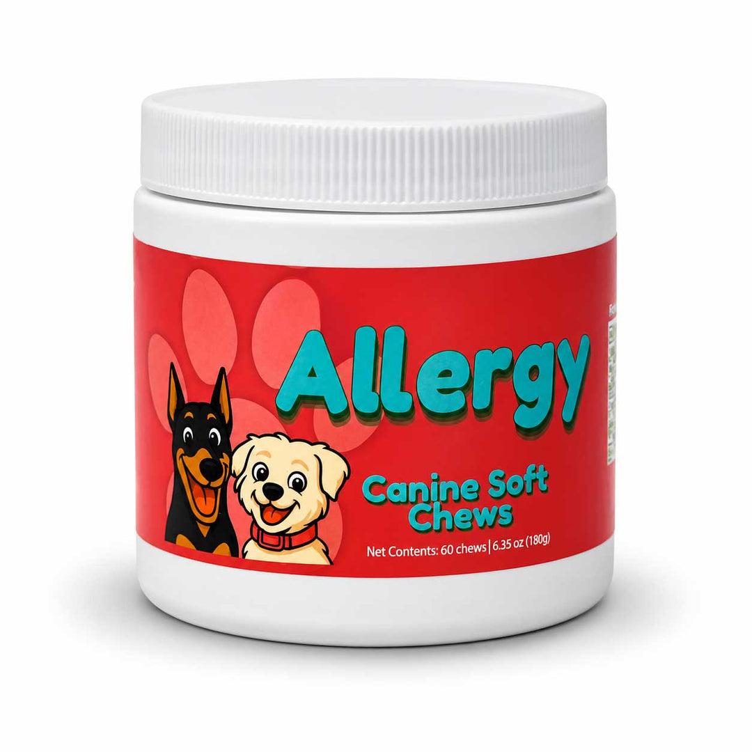 A white plastic jar of dog allergy soft chews with a red label featuring cartoon dogs and the text 'Allergy Canine Soft Chews' on a white background.