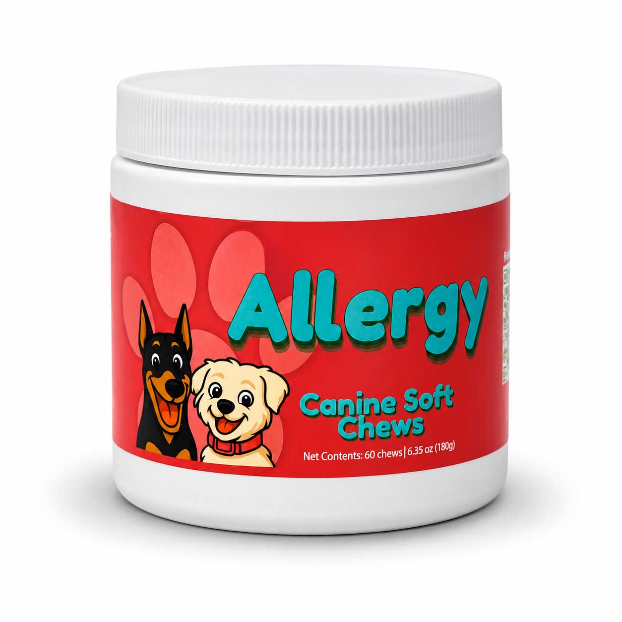 A white plastic jar of dog allergy soft chews with a red label featuring cartoon dogs and the text 'Allergy Canine Soft Chews' on a white background.
