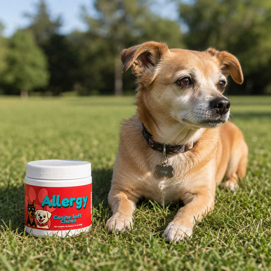 A small tan dog lies on green grass beside a white jar labeled 'Allergy Dogine Soft Chews' in an outdoor park setting with trees in the background.