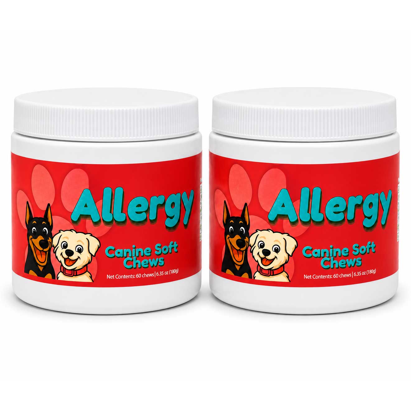 Two white plastic jars of Allergy Canine Soft Chews with red labels, shown side-by-side on a white background.