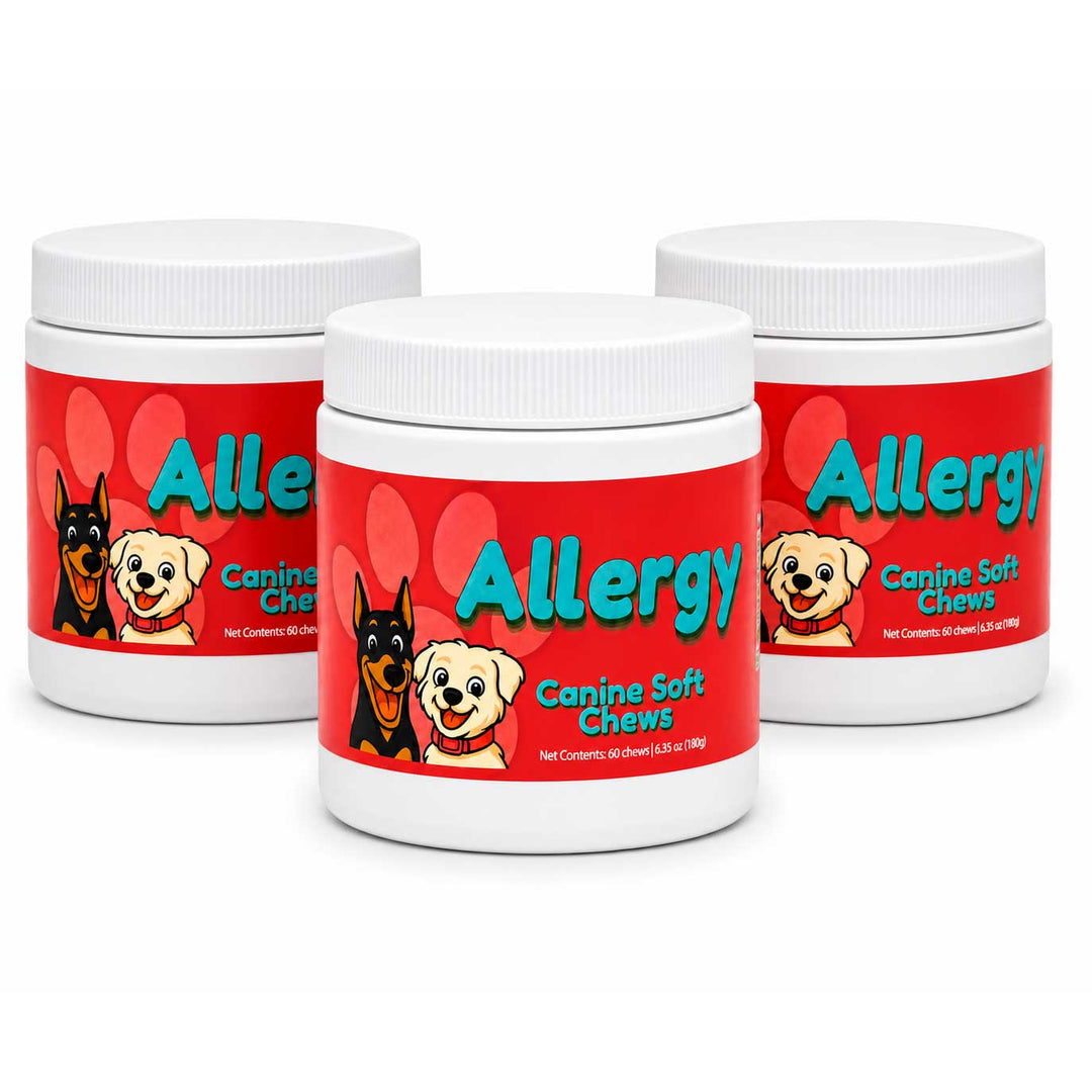 Three white plastic jars of Canine Soft Chews Allergy relief are arranged in a triangle on a white background. The labels are bright red with cartoon illustrations of a black and tan dog and a yellow puppy, and the word 'Allergy' in large teal letters.