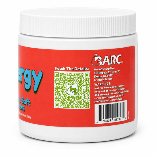 A white plastic tub of LivHerbals Energy Soft Drinks with a bright red label showing product details, a QR code, and a barcode.