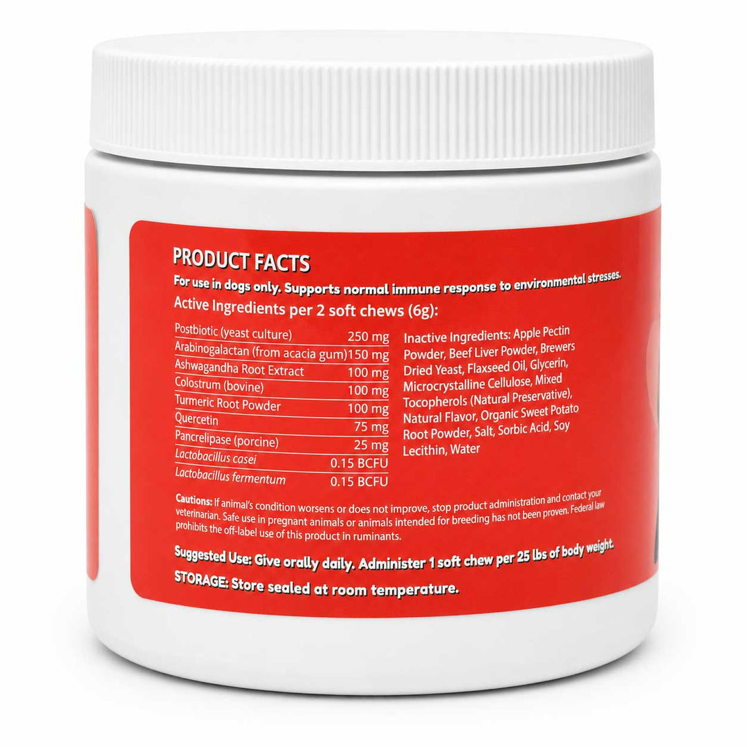 A white plastic supplement jar with a ribbed white lid and a large red back label showing product facts in white text. No person, animal, or real environment is present, so this is Product/Packaging.