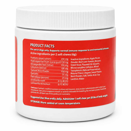 A white plastic supplement jar with a ribbed white lid and a large red back label showing product facts in white text. No person, animal, or real environment is present, so this is Product/Packaging.