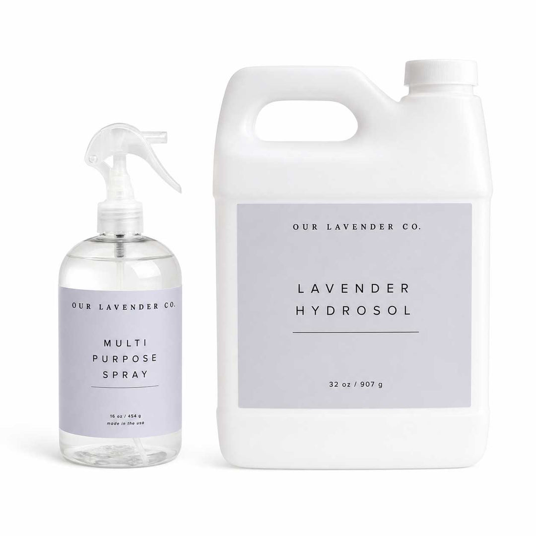 Two bottles of lavender hydrosol from Our Lavender Co. on a white background