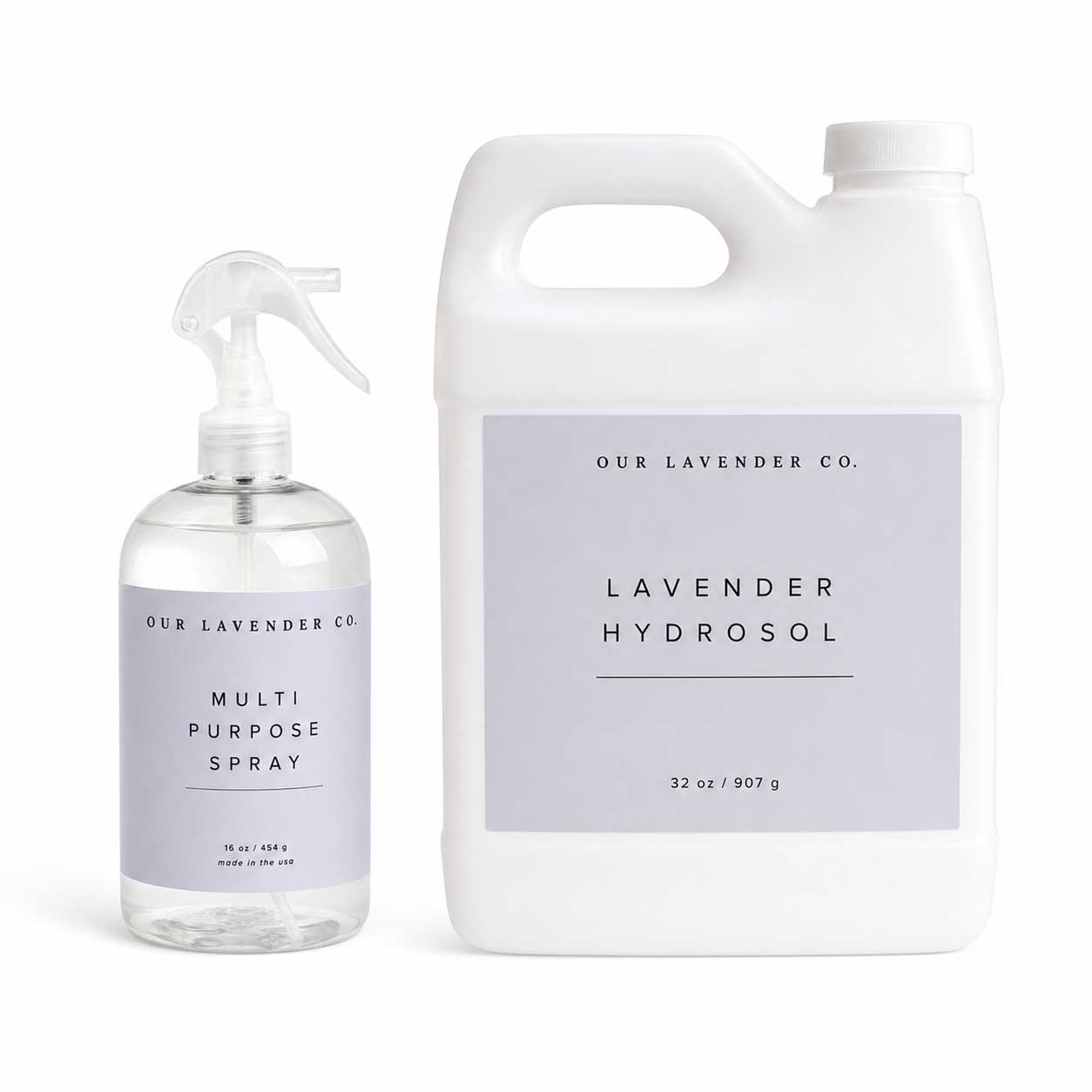 Two bottles of lavender hydrosol from Our Lavender Co. on a white background