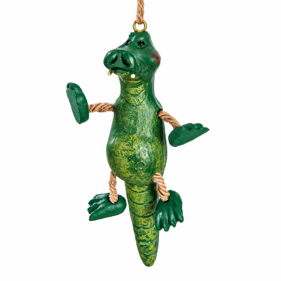 A green alligator hanging ornament with a distressed textured finish, rope-wrapped limbs, and a gold hanging loop at the top, shown against a plain white background.