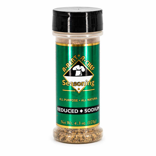 Seasoning container with green label on a white background