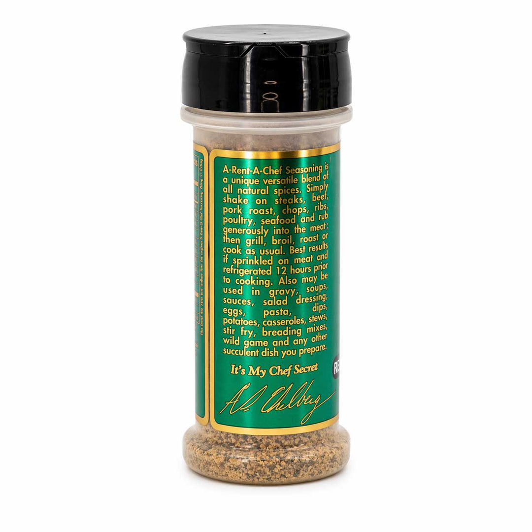 Spice jar with green label and black lid on a white background