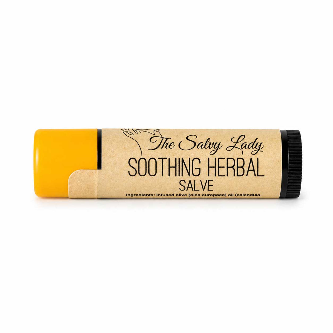 Soothing herbal salve tube with yellow end cap on a white background