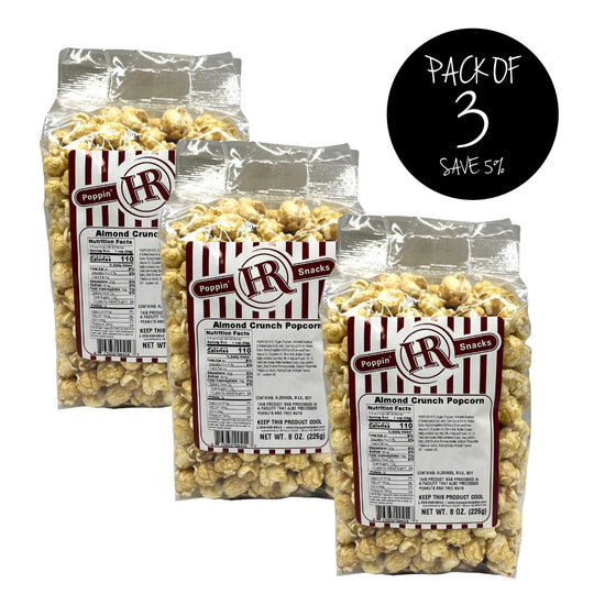 Almond Crunch Popcorn | 8 oz. | Pack of 3 | Rich & Crunchy | Fine, Fresh Quality | Sweet Treat | HR Poppin' Snacks | Made in Gibbon, NE