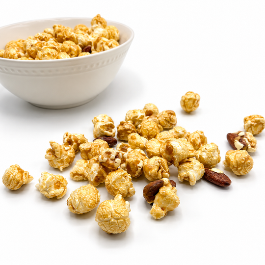 Caramel popcorn mixed with almonds scattered on a white surface, with a white bowl filled with more popcorn in the background.
