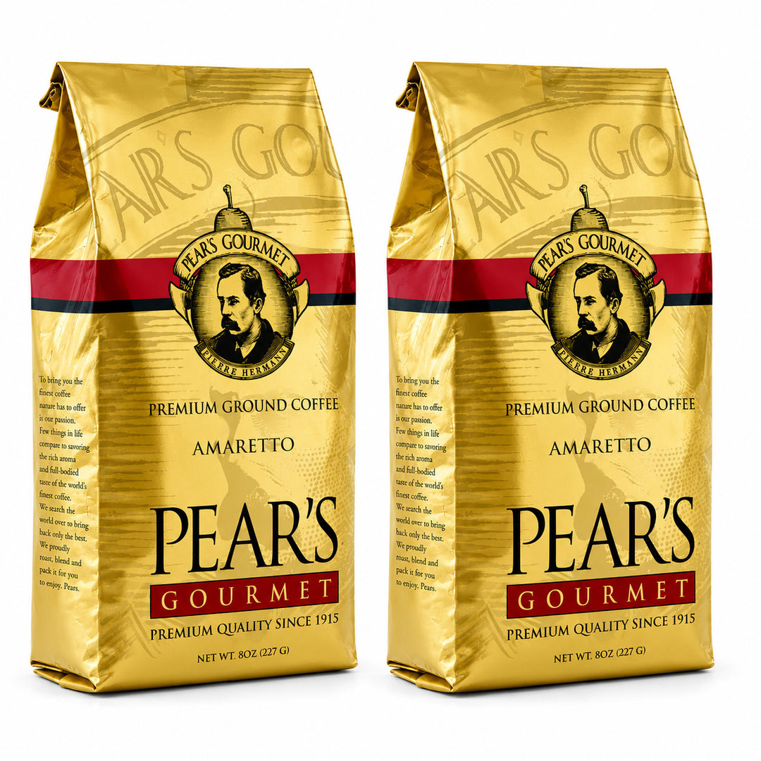 Two gold packages of Pear's Gourmet Amaretto coffee on a white background