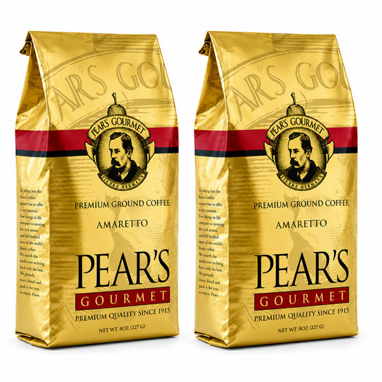 Two gold packages of Pear's Gourmet Amaretto coffee on a white background