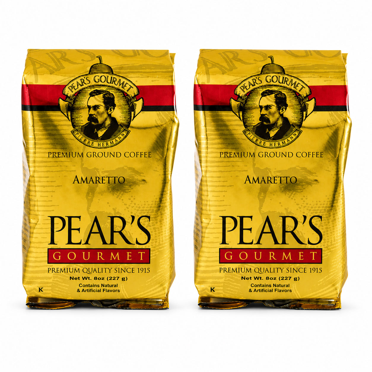 Two packages of Pear's Gourmet Premium Ground Coffee Amaretto on a white background
