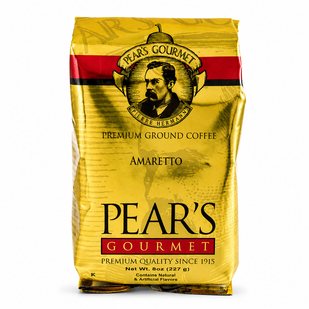 Pear's Gourmet Amaretto coffee package on a white background