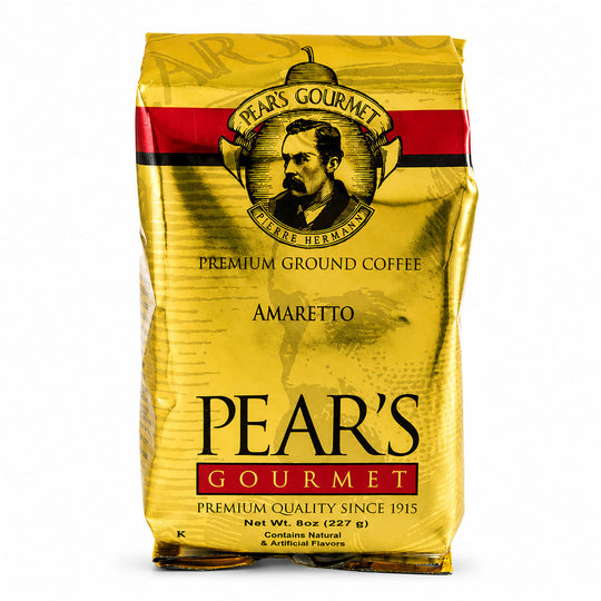 Pear's Gourmet Amaretto coffee package on a white background