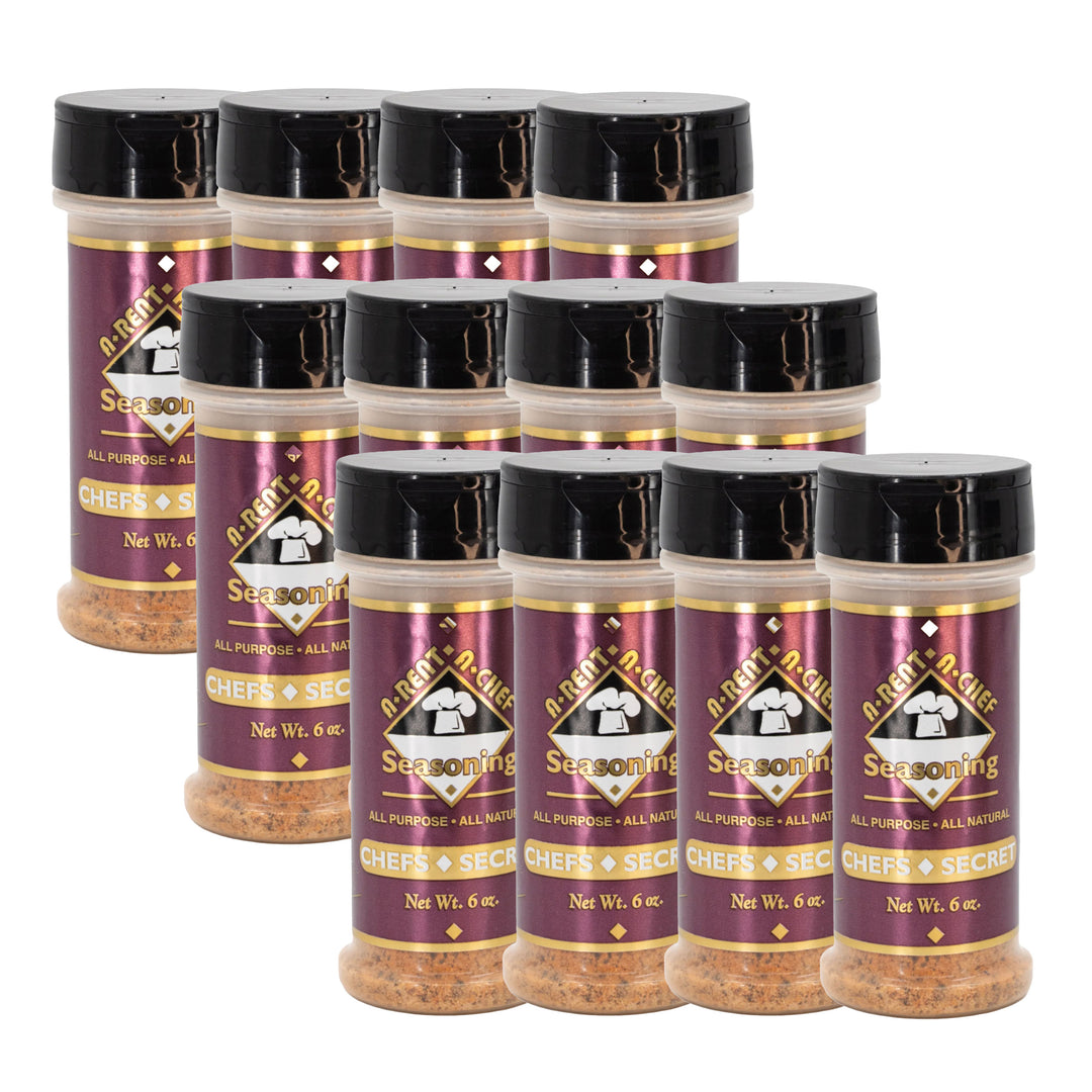 Multiple jars of A-Rent-A-Chef seasoning on a white background