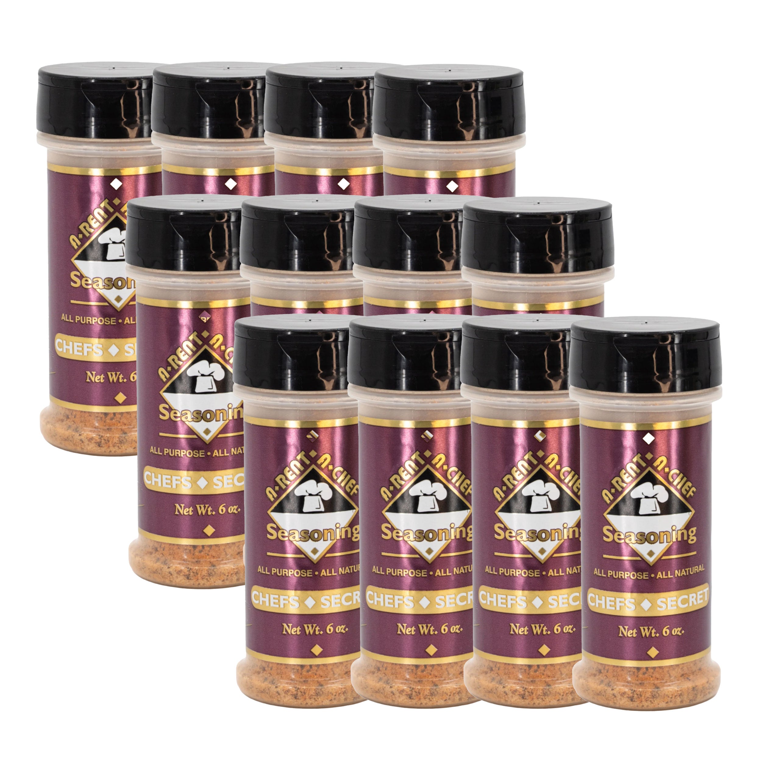 Multiple jars of A-Rent-A-Chef seasoning on a white background