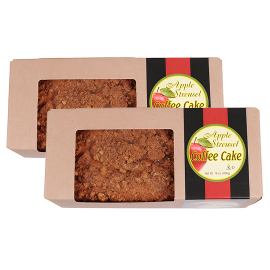 Two boxes of Apple Streusel Coffee Cake with visible cake slices and brand label on a white background.