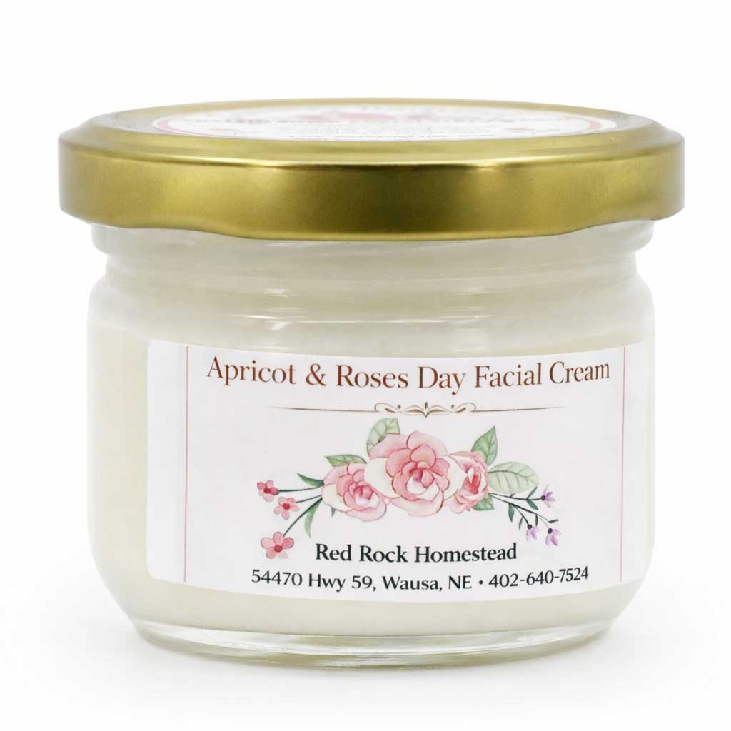 Jar of Apricot & Roses Day Facial Cream with a gold lid on a white background